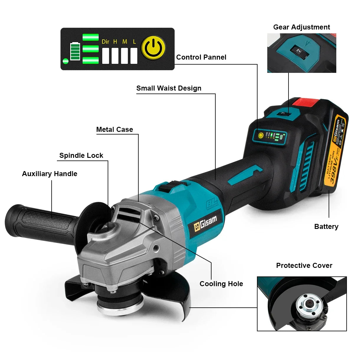 125mm 7 Gears Brushless Angle Grinder Polishing Cutting Machine Electric Angle Grinder Power Tool for Makita 18V Battery Pins