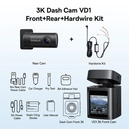 Baseus 3K Dash Cam VD1 Front and Rear Cam HD Built-in GPS Galileo Supercapacitor Car DVR Car Camera Recorder Support 24H Parking