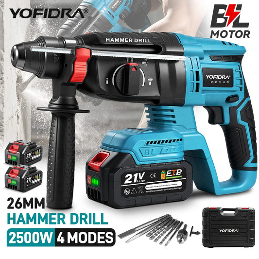 YOFIDRA 26MM Brushless Electric Hammer Drill Multifunctional Rotary Cordless Rechargeable Power Tools For Makita Battery Pin