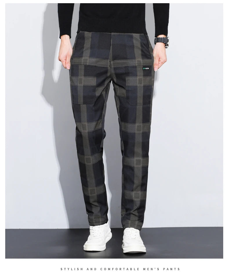 Autumn Winter Luxury Plaid Check Pattern Casual Pants Men Thick Business Elastic Waist Slim Fit Korean Pocket Long Trousers Male
