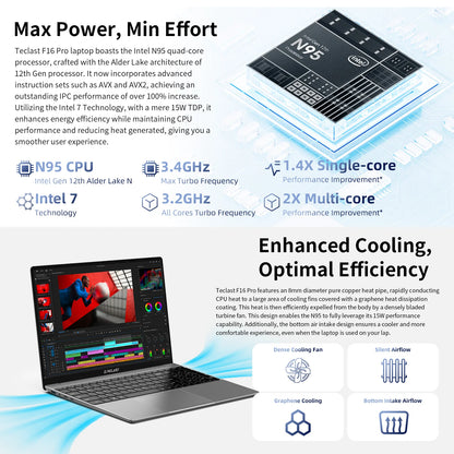 Teclast F16Pro Laptop 15.6 Inches, Backlit Keyboard, for Intel N95, 16Gb Ram 512Gb Rom, 1920X1200 Fhd Ips, Compatible with Mini-Hdmi