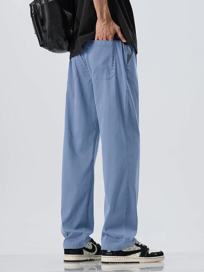 Summer Lyocell Fabric Ultra-thin Trousers Men's Loose Straight Cool Breathable Daily Sports Blue Casual Trousers Fashion Korean