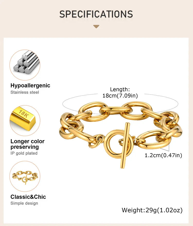 Chunky Bold Toggle Bracelets for Women, Stainless Steel OT Buckle Link Chain Bracelet Gold Plated Tarnish Free