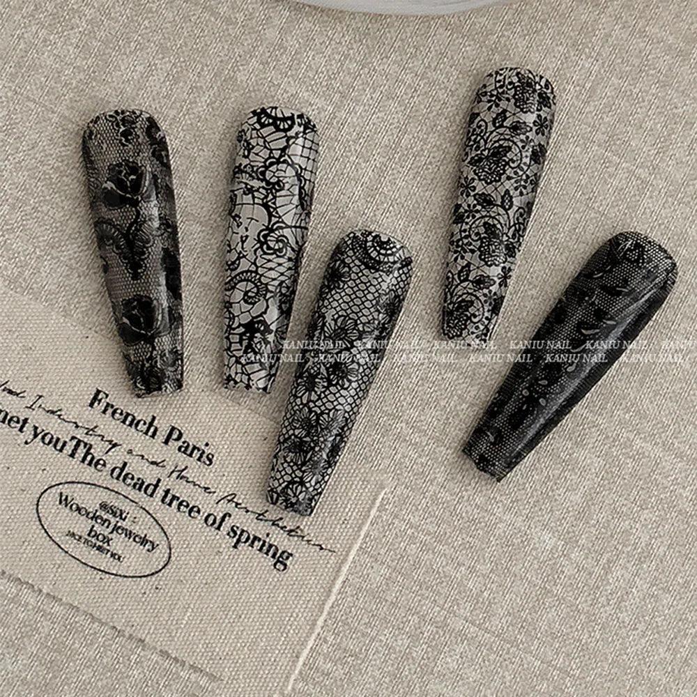 10 Rolls/Box New Black&White Lace Nail Transfer Stickers Sexy Lace Flower Full Wraps Nail Decals DIY French Manicure Decorations