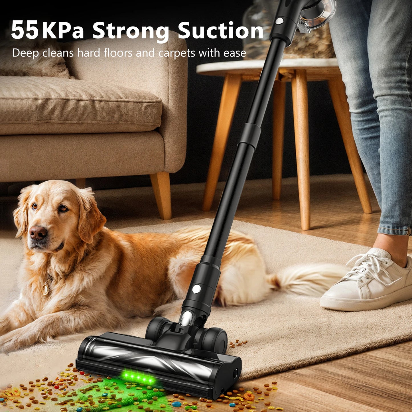 Cordless Vacuum Cleaner, 55Kpa/55Mins Vacuum Cleaners for Home, Anti-tangle Stick Vacuum with Self-Standing, Wall Mount Charging