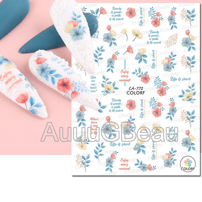 3d Nails Art Decals Spring Fruits Pink Full Tips Peony Magnolia Flowers Adhesive Sliders Stickers Decoration For Nails Manicure