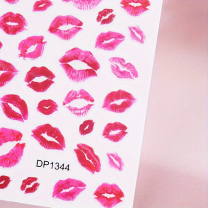 Fantasy Heart & Kiss Print Nail Art Stickers - Self-Adhesive, Matte Finish Decals for Easy DIY Manicures, Single Use