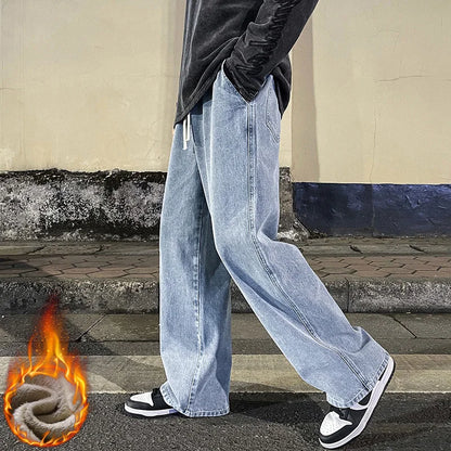 Men's Winter Fleece Loose Jeans Velvet Warm Elastic Waist Wide Leg Y2K Denim Pants Straight Comfortable Brand Men's Clothing