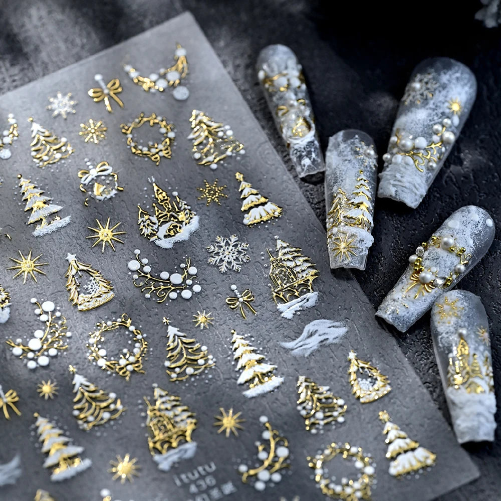 5D Embossed Gold Castle/Garland/Christmas Tree Nail Stickers White Snowflakes Bow Star Nail Decals Self-Adhesive Xmas Nail Decor