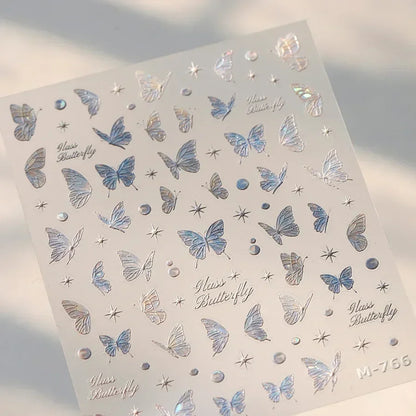 Shiny Jelly Butterfly Charming Golden Gradient Bowknot 5D Self Adhesive Nail Art Sticker Flower Petal Rhinestone Manicure Decals