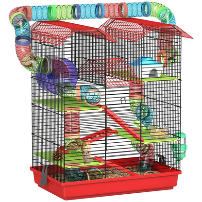 5-level metal hamster cage 47x30x59 cm with wheel, tunnel, house, ramps, drinking bowl & food dispenser for small animals