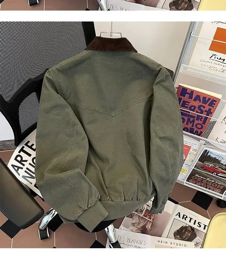 Pure Cotton Detroit Washed Jacket Men's Spring Loose Fit Collared Workwear Jacket Trendy Brand Color Block Casual Coat