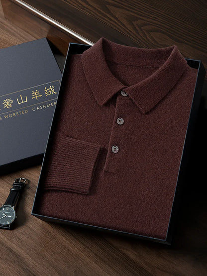 ANGEL 2024 Men's New POLO Shirt 100% Cashmere Knitted Pullover Solid Color Sweater Fall Winter Casual Business Office Jacket