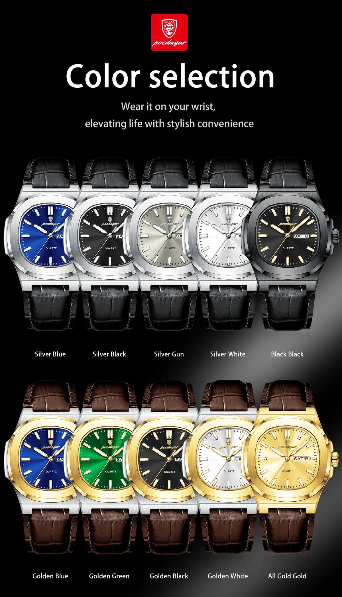 POEDAGAR Top Fashion Men's Quartz Watches Luxury Luminous Waterproof Man Clock Week Date Leather Business Men Watch Reloj Hombre