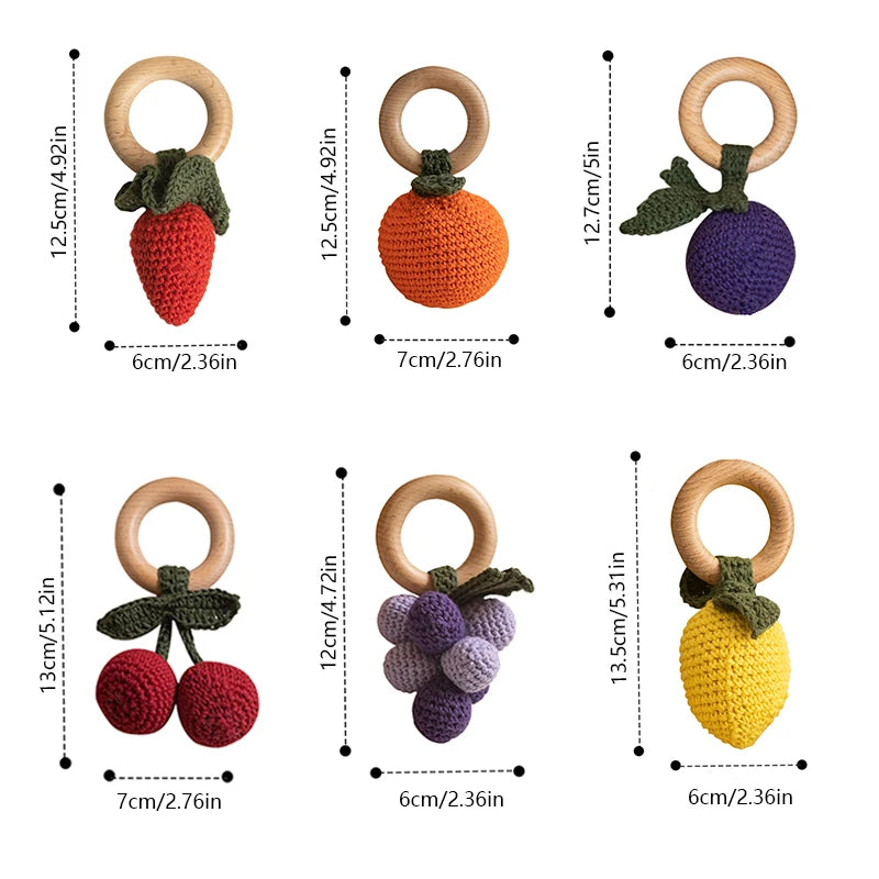 Wooden Baby Teether Cute Fruit Style Handmade Crochet Rattle Toys Newborn Soother Teething Chew Toys for Boys Girls Babies Gifts
