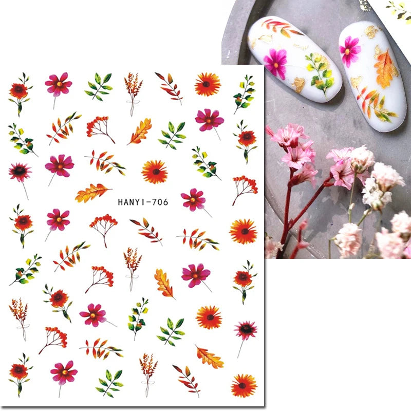 3d Nails Art Decals Spring Fruits Pink Full Tips Peony Magnolia Flowers Adhesive Sliders Stickers Decoration For Nails Manicure