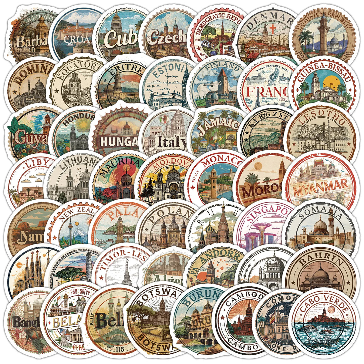 10/50PCS Country Name Stamp Stickers Cartoon Retro Graffiti Decoration Notebook Mobile Guitar Suitcase Refrigerator Toys Decals