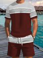 2026 Summer New Arrival Men's Casual Two-Piece Set Striped Print Short-Sleeve Shirt and Athletic Shorts Set Men's Fitness Set