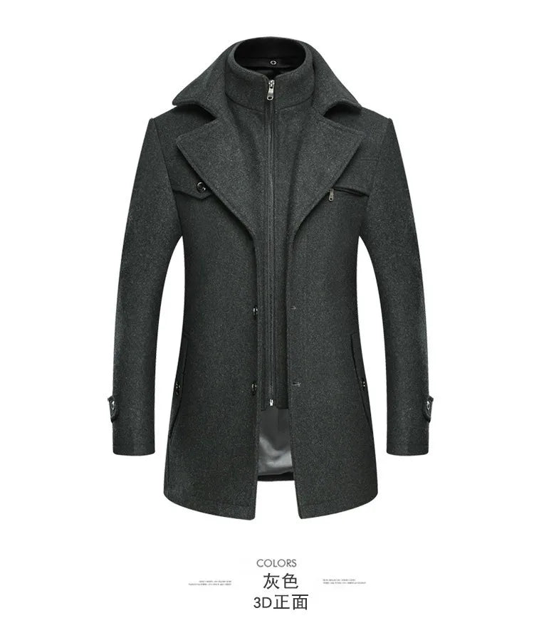 Autumn Winter Double Collar Woolen Coats Men Thick Business Casual Wool Blends Trench Coat Male Solid Turn Down Collar Outerwear
