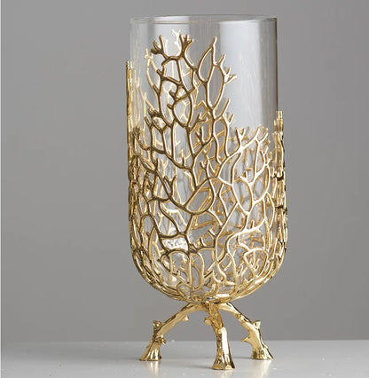Gold Hollow Coral Vase Transparent Glass Vase Ornament Metal Rack Living Room Hydroponic Flower Arrangement Home Decoration