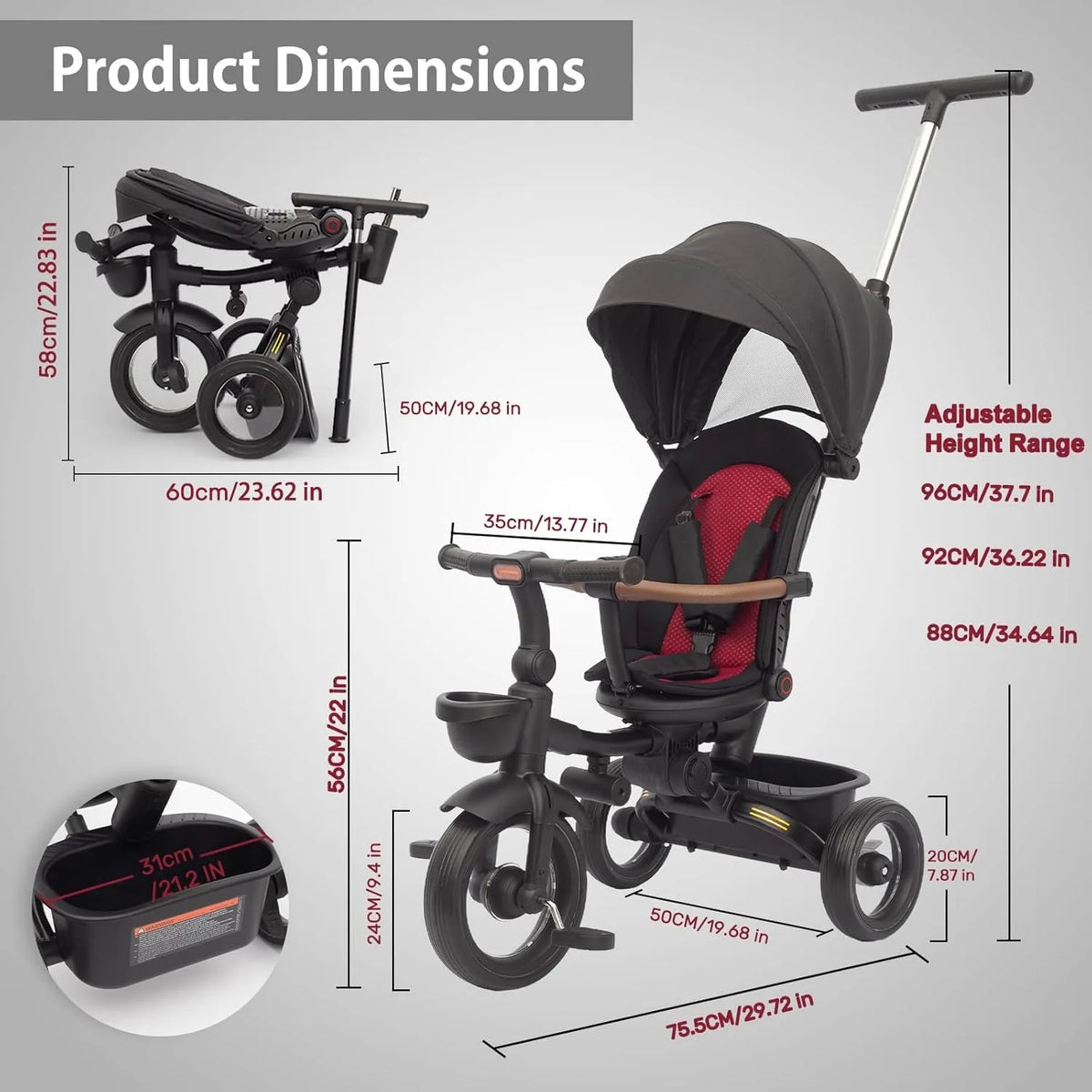 Baby Tricycle,7 in 1 Foldable Trike for Kids age 6M+ to 5 Years,Headlights.1-Step Brake Folding Pedal, Extended Canopy