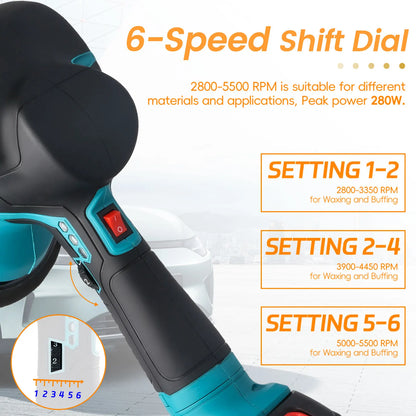Podofo 6 Gear 5500 RPM Cordless Brushless Car Polisher 6 In 1 Mini Car Buffers Polishers Kit Fit Makita Battery Orbital Polisher For Car Boat Detailing, Polishing, Scratch Removing Without Battery With Storage Bag