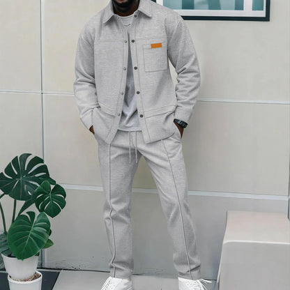 2026 Men's New Style Waffle Plain Color Collar Button-Down Pockets Long-Sleeved Pants Casual Jacket Set