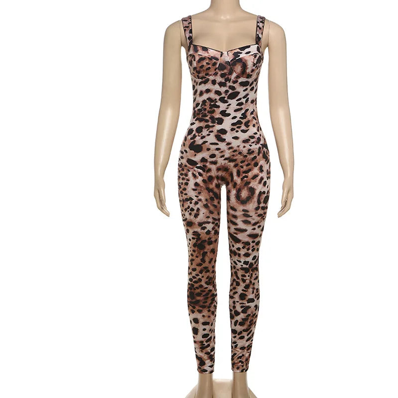 VEITCHE Leopard Printed Women Summer Jumpsuits Sexy Hot Popular Low Neck Spaghetti Strap Skinny Overalls Female Trend Midnight