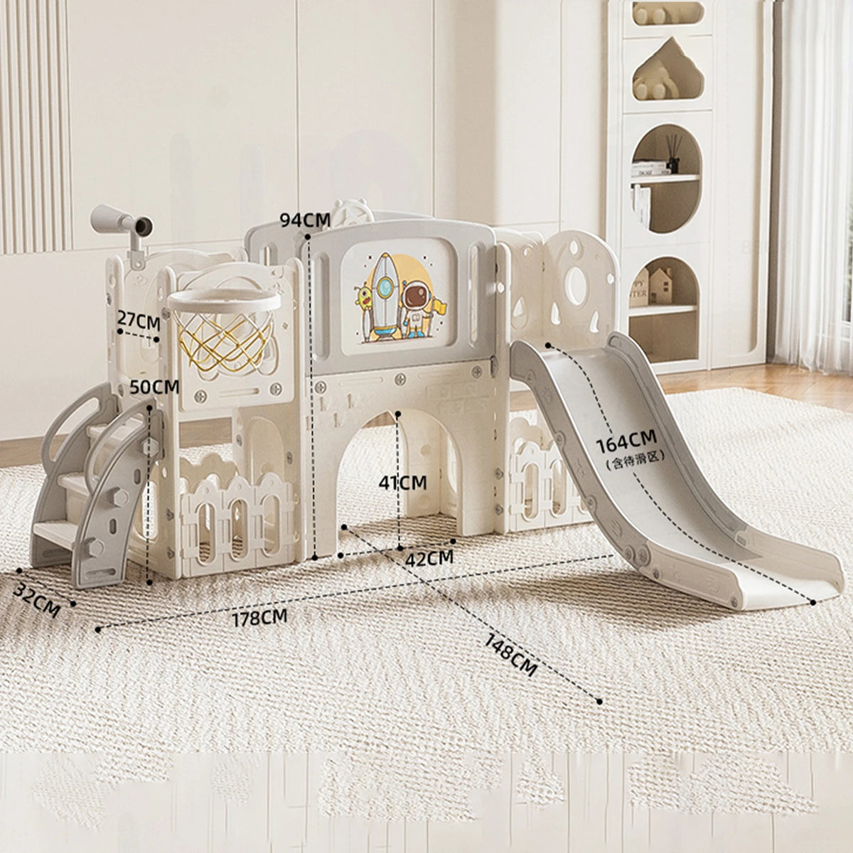 HDPE Toddler Slide 6-in-1 Indoor Outdoor Playset Kids Climber Playground with Extra Long Slide Basketball Hoop Tunnel Telescope & Steering Wheel 50kg Max Load Activity Center for Ages 1+