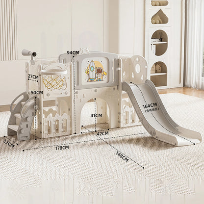 HDPE Toddler Slide 6-in-1 Indoor Outdoor Playset Kids Climber Playground with Extra Long Slide Basketball Hoop Tunnel Telescope & Steering Wheel 50kg Max Load Activity Center for Ages 1+