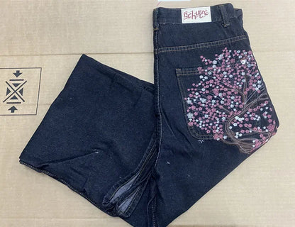 Hip-hop gold coin jeans Y2K retro low waist wide leg zipper pants y2k clothing men's fashion embroidered loose jeans