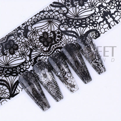 10/20pcs Elegant Black White Lace Flowers Nail Transfer Foils Fantasy Retro Floral Starry Sky Paper Sticker Manicure Accessories