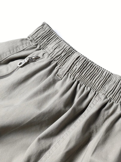 Cotton Cargo Shorts Men's Lightweight Breathable Solid Color Drawstring Waist with Zipper Pockets Casual Summer Short Pants