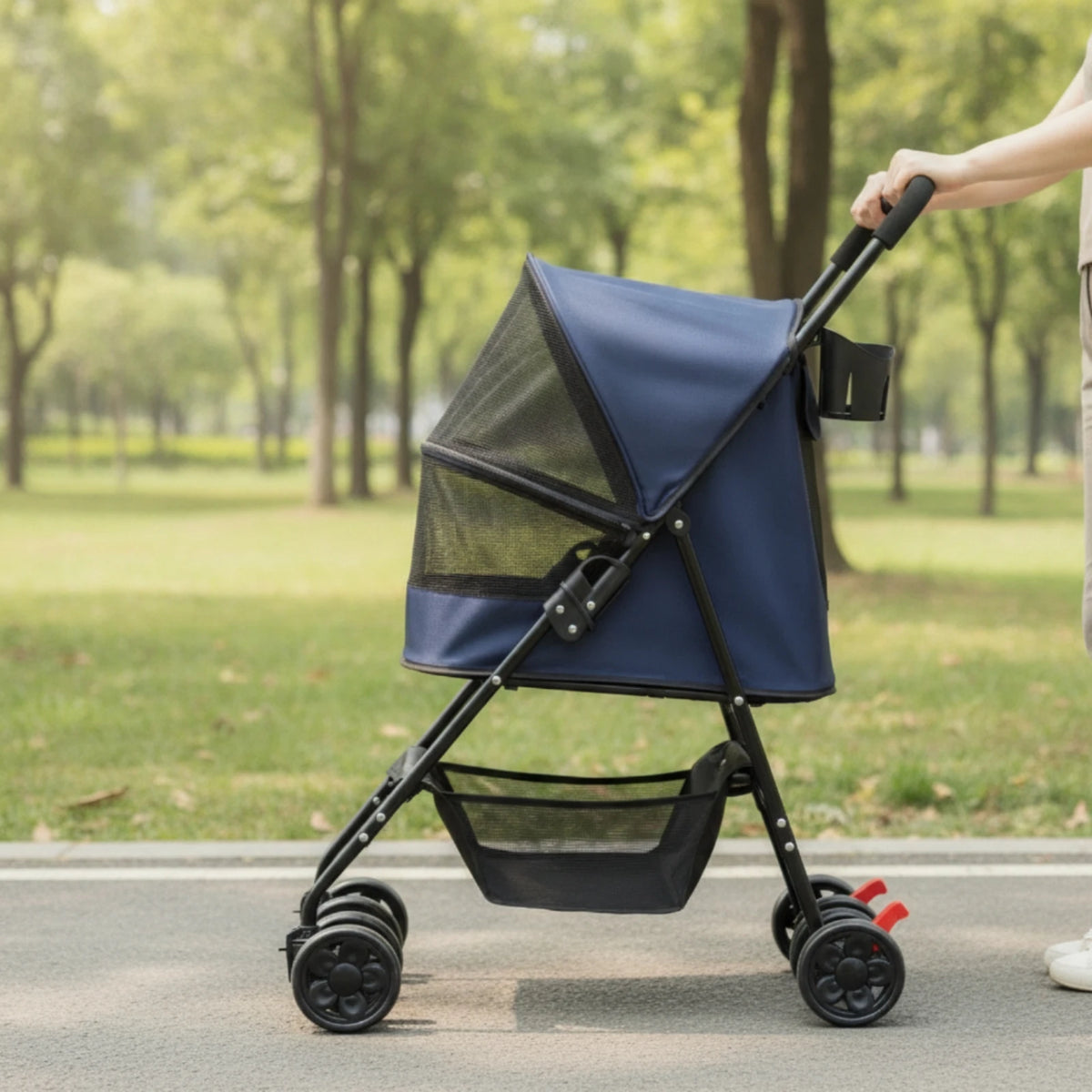 Pet Stroller with Cup Holder Collapsible Pet Stroller with Storage Basket Compact Portable for Small Dogs, Outdoor Walks, Travel