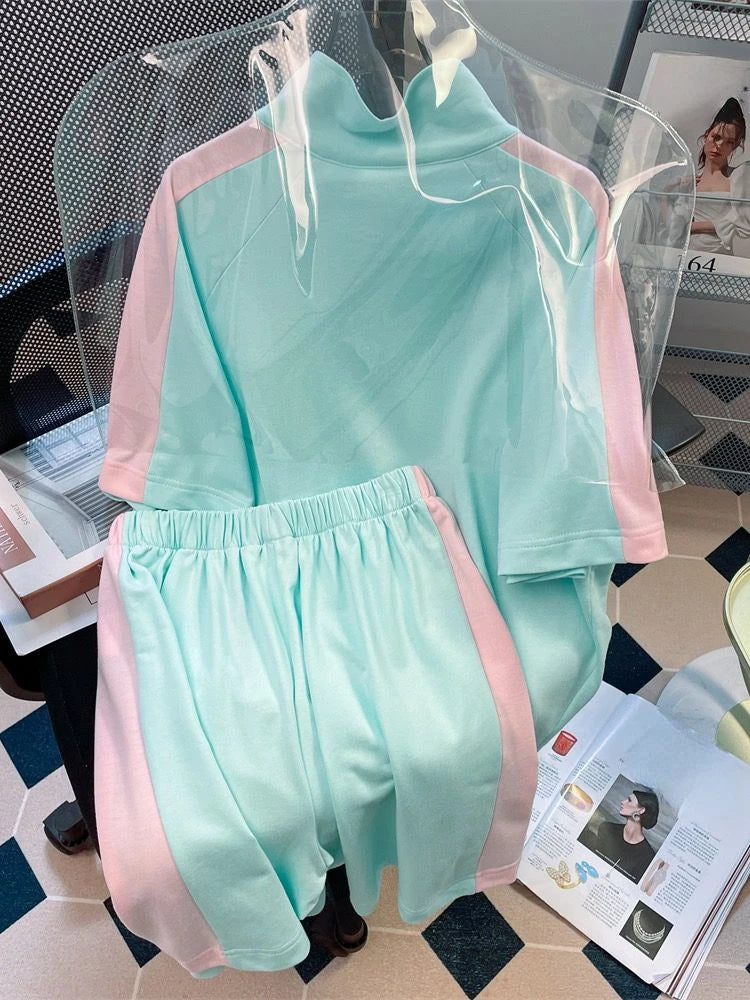 Summer Cartoon Embroidery Two Piece Set Women Hoodie Harajuku Shorts Outfits Tops Contrast Color Casual Loose Y2k Aesthetic Suit