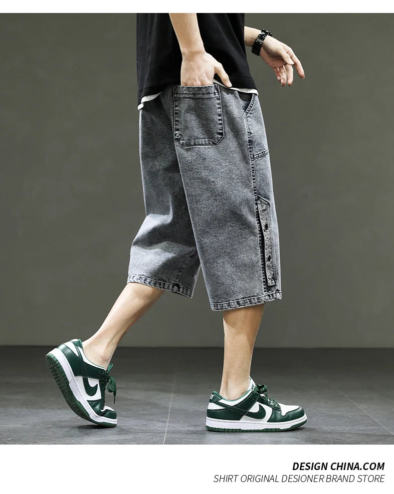 Korean Style Men's Long Shorts 3/4 Length Denim Bermuda Male Big Plus Large Size Jeans Fashion Below Knee Streetwear Loose Baggy