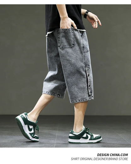 Korean Style Men's Long Shorts 3/4 Length Denim Bermuda Male Big Plus Large Size Jeans Fashion Below Knee Streetwear Loose Baggy