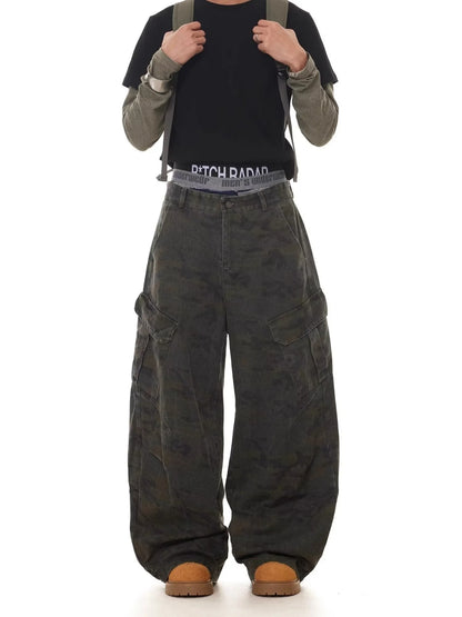 American Retro Multi-pocket Camouflage Silhouette Scimitar Jeans Niche Baggy Wide-leg Sickle Casual Pants Hoodies Men's Clothing