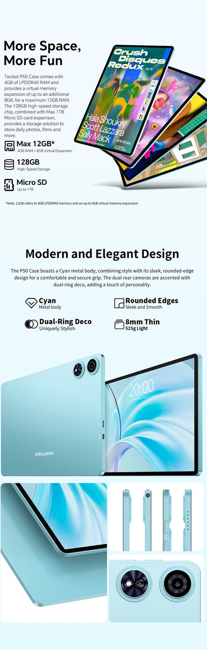 Teclast Tablet P50 Set Android 15 11" T606 8-Core Max 12GB RAM 128GB ROM P50 Case/Keyboard/Mouse/Stylus/Headphone/Stand