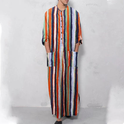 New Men Islam Qamis Muslim Striped Robes Long Sleeve Button-down Arabian Kaftan Suit Middle East Dubai Abaya Summer Man Clothing