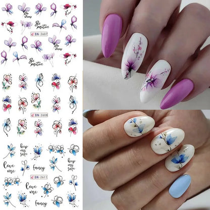 12 PCs Ink Flowers Nail Art Sticker Summer Water Decal Blooming Flowers Leaves Graffiti Slider Nail Decoration Foils Tattoo
