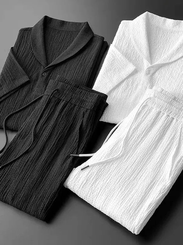 Summer Linen Set Men's Short Sleeve T-Shirt Tang Suit Style Casual Men's Wear Complete Set Lightweight Ice Silk Material