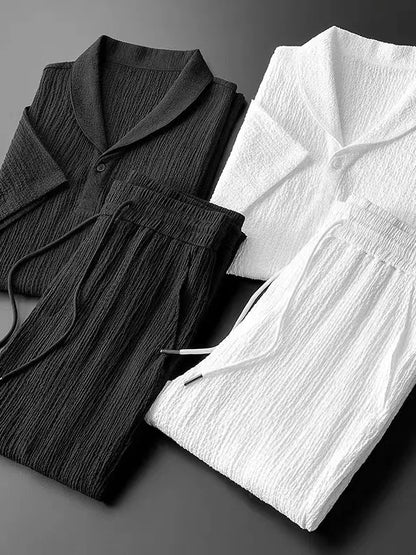 Summer Linen Set Men's Short Sleeve T-Shirt Tang Suit Style Casual Men's Wear Complete Set Lightweight Ice Silk Material