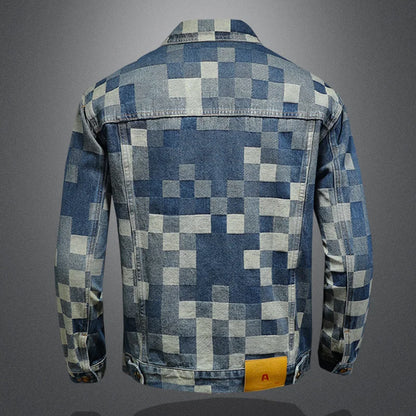 2025 Autumn Vintage Checkered Denim Jacket for Men Flip Collar Single Breasted Casual Business Jacket Social Street Wear Jeans