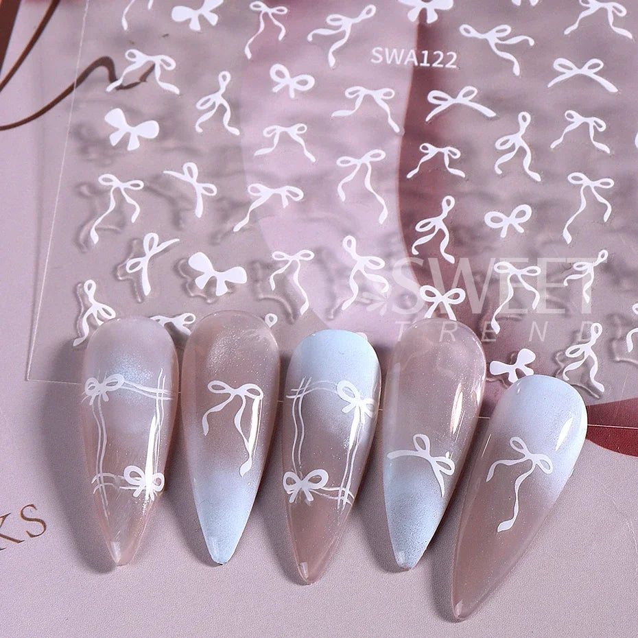 4/8pcs Bowknot Ribbon Nail Stickers Mini Kawaii Lace Bow Tie Design Self-Adhesive Nail Art Decals DIY Manicure Supplies Decor
