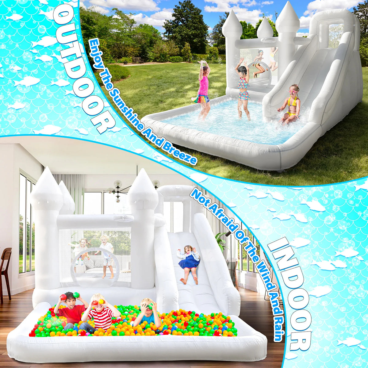 Commercial Grade White Inflatable Bounce House with Slide and Splash Pool, PVC Wet Dry Bouncy Castle for Wedding Party Rental