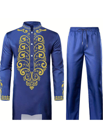Muslim Robe Pattern Printing Black White Yellow Navy Blue Long-Sleeved Trousers The Traditional Dress of Arab Men 3D