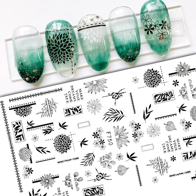 Black and White Love Flowers Line Art 3D Stickers Nail Decals Nail Art Accessories Butterfly Rose Nail Stickers Nail Sliders