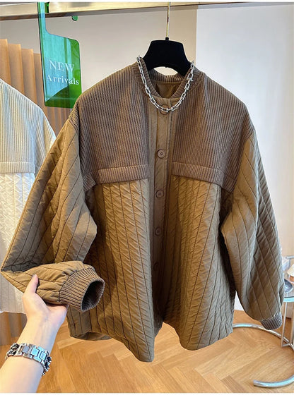 Women Autumn Advanced Design Sense, Niche Loose Casual Knit Stitching, Striped Cotton Coat Winter Light Thin Small Cotton Jacket