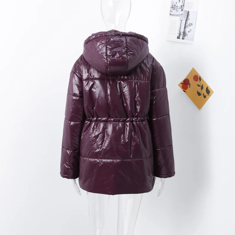 Vintage Zipper Cotton Coat Women Hooded Full Sleeve Pockets Drawstring Overcoats 2025 Winter New Lady Fashion Warm Streetwear
